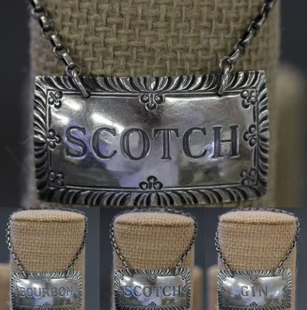 Vintage Stieff Williamsburg Set of 3 Bourbon / Scotch / Gin Sterling Silver Liquor Tags
